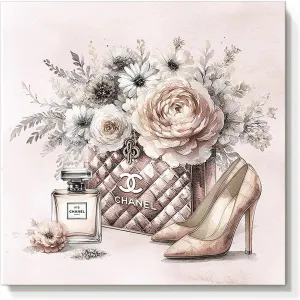 cozy country Chanel-Inspired Canvas Wall Art - 12x12 Inches Luxury Fashion Artwork Print, Featuring Perfume, Handbags, High Heels & Flowers, Perfect for Bathroom & Lady's Room Decor