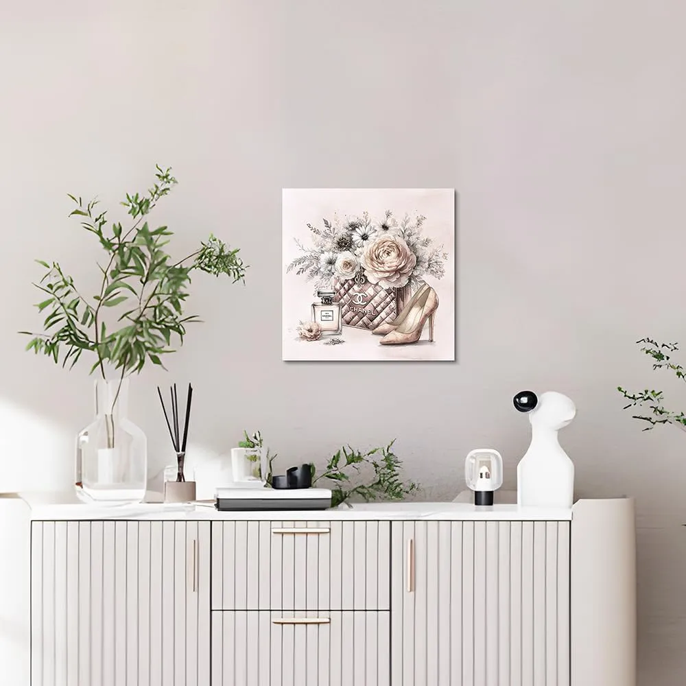 cozy country Chanel-Inspired Canvas Wall Art - 12x12 Inches Luxury Fashion Artwork Print, Featuring Perfume, Handbags, High Heels & Flowers, Perfect for Bathroom & Lady's Room Decor