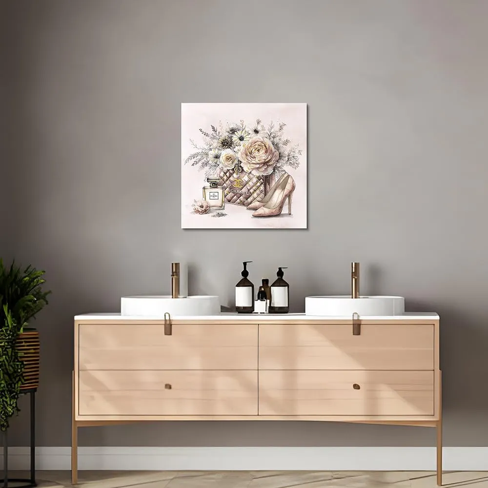 cozy country Chanel-Inspired Canvas Wall Art - 20x20 Inches Luxury Fashion Artwork Print, Featuring Perfume, Handbags, High Heels & Flowers, Perfect for Bathroom & Women's Room Decor