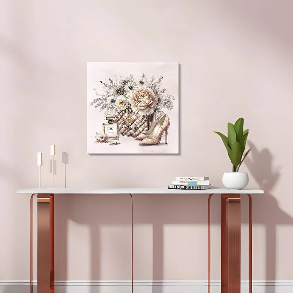 cozy country Chanel-Inspired Canvas Wall Art - 20x20 Inches Luxury Fashion Artwork Print, Featuring Perfume, Handbags, High Heels & Flowers, Perfect for Bathroom & Women's Room Decor