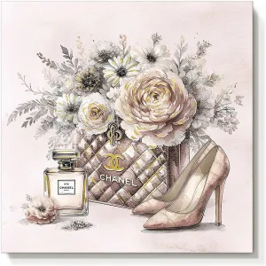 cozy country Chanel-Inspired Canvas Wall Art - 20x20 Inches Luxury Fashion Artwork Print, Featuring Perfume, Handbags, High Heels & Flowers, Perfect for Bathroom & Women's Room Decor