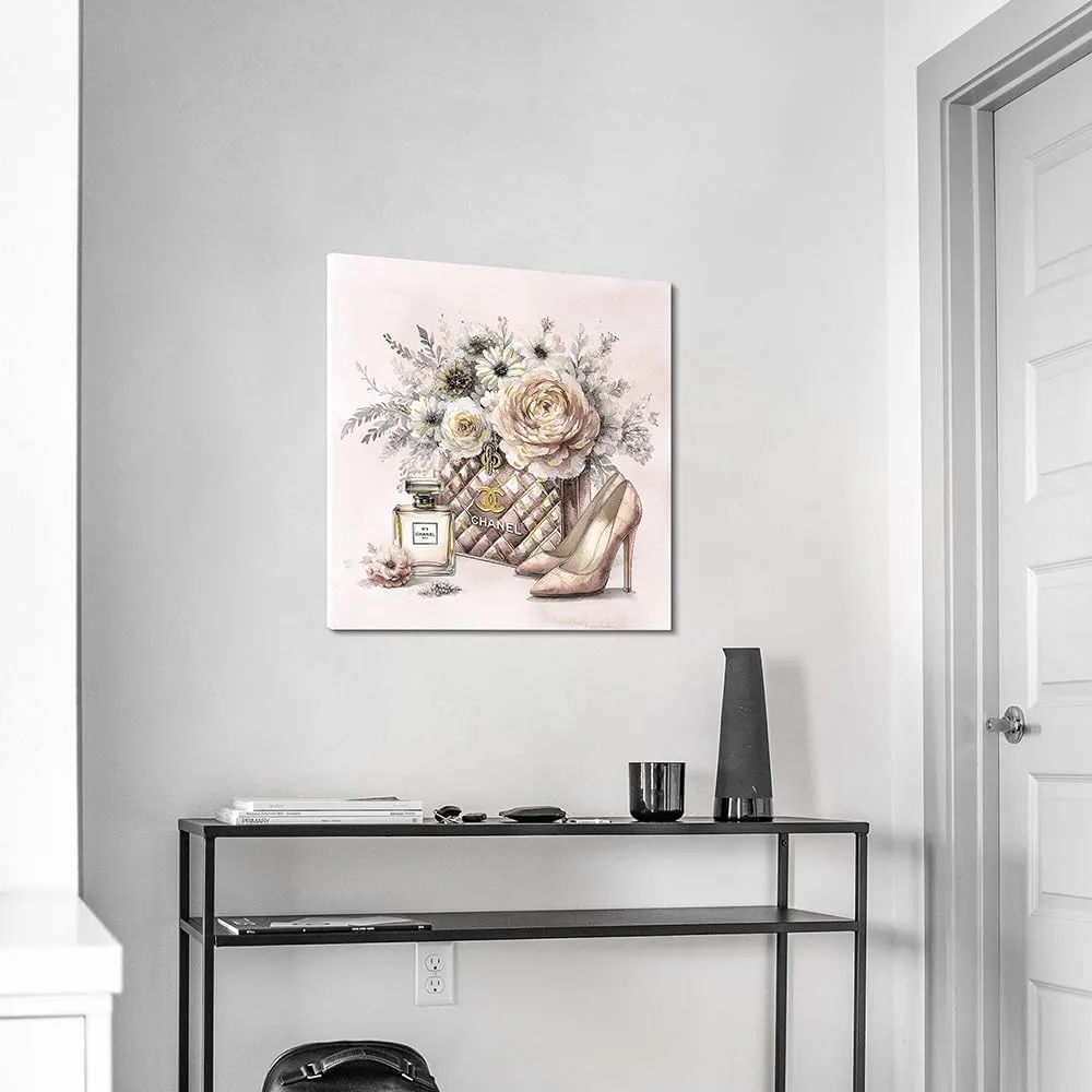 cozy country Chanel-Inspired Canvas Wall Art - 20x20 Inches Luxury Fashion Artwork Print, Featuring Perfume, Handbags, High Heels & Flowers, Perfect for Bathroom & Women's Room Decor