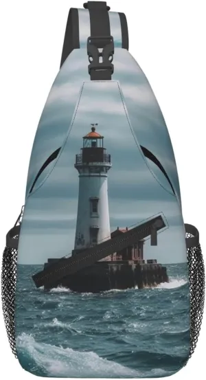 Crossbody Bag Sling Backpack Lighthouse Ocean Travel Hiking Chest Bag Daypack for Women Men