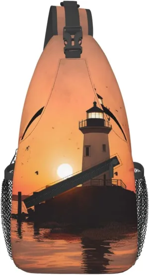 Crossbody Bag Sling Backpack Lighthouse Sunrise Travel Hiking Chest Bag Daypack for Women Men