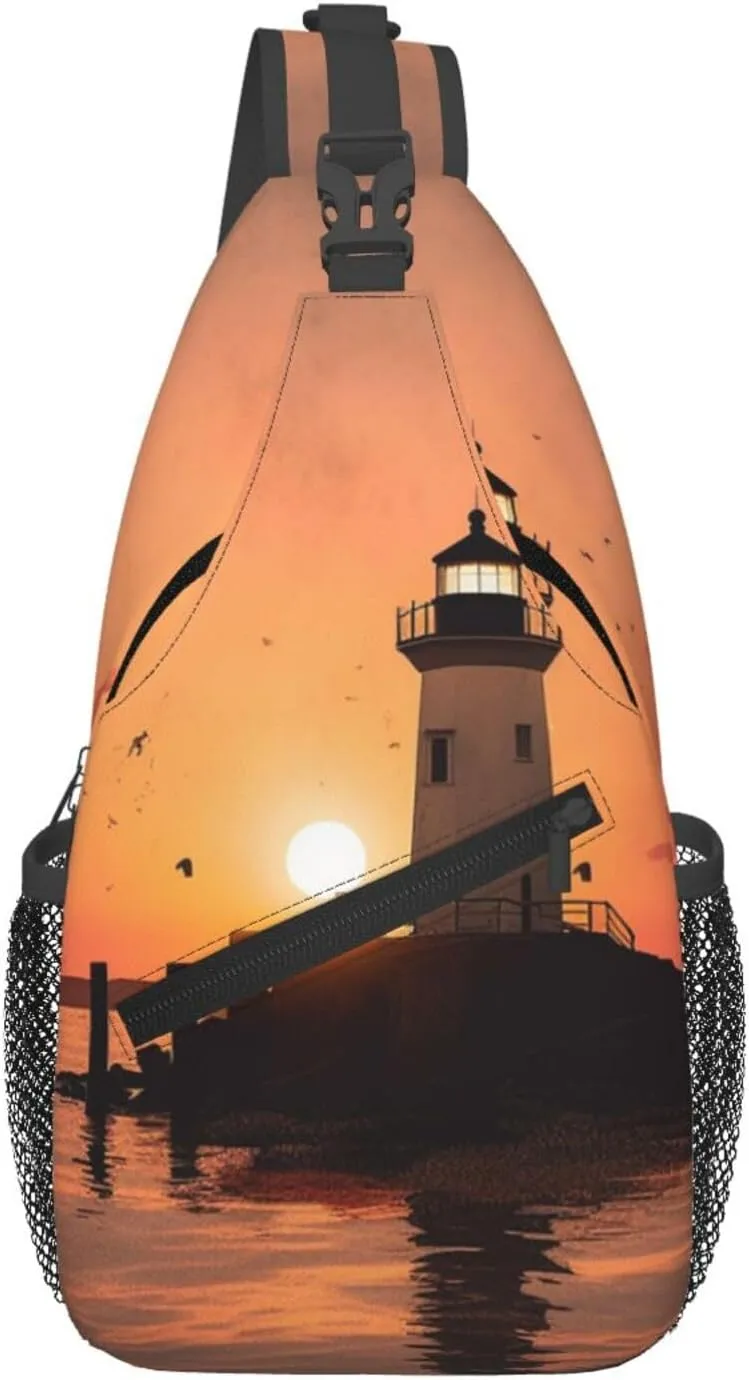 Crossbody Bag Sling Backpack Lighthouse Sunrise Travel Hiking Chest Bag Daypack for Women Men