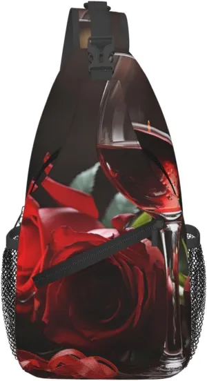 Crossbody Bag Sling Backpack Red Rose Wine Glass and Candle Travel Hiking Chest Bag Daypack for Women Men