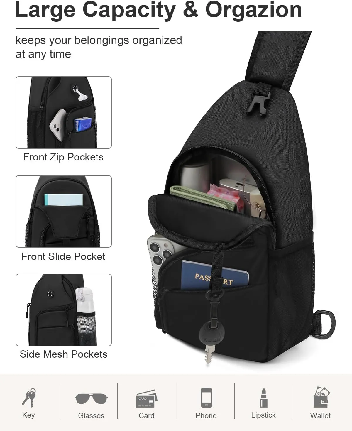 Crossbody Bags for Women Man Waterproof Sling Bag Backpack Trendy Casual Cross Body Bag with Convertible Shoulder Strap Chest Bag for Camping Hiking Travel Essentials (Coating Black, Medium)
