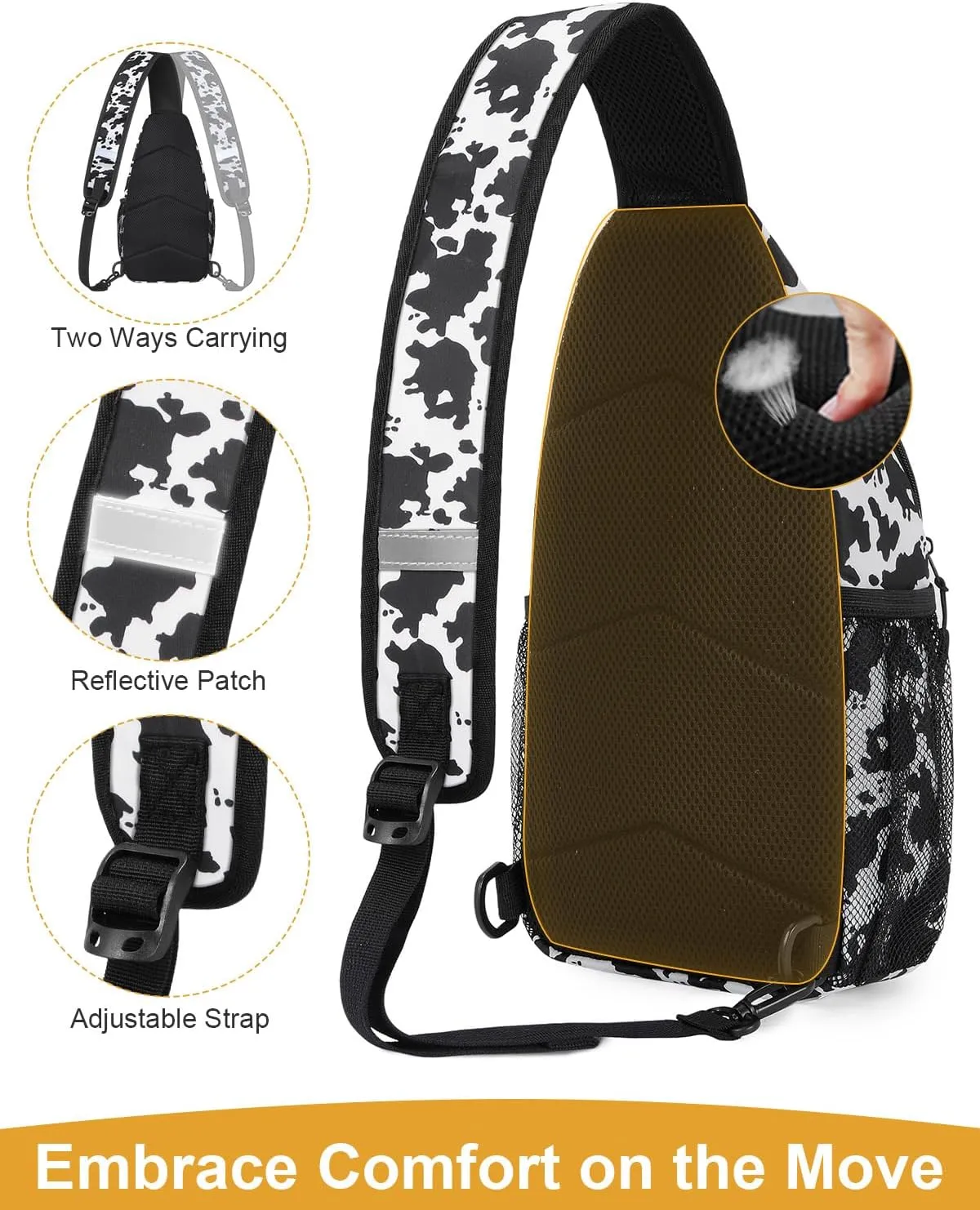 Crossbody Bags for Women Man Waterproof Sling Bag Backpack Trendy Casual Cross Body Bag with Convertible Shoulder Strap Chest Bag for Camping Hiking Travel Essentials (Cow print, Medium)