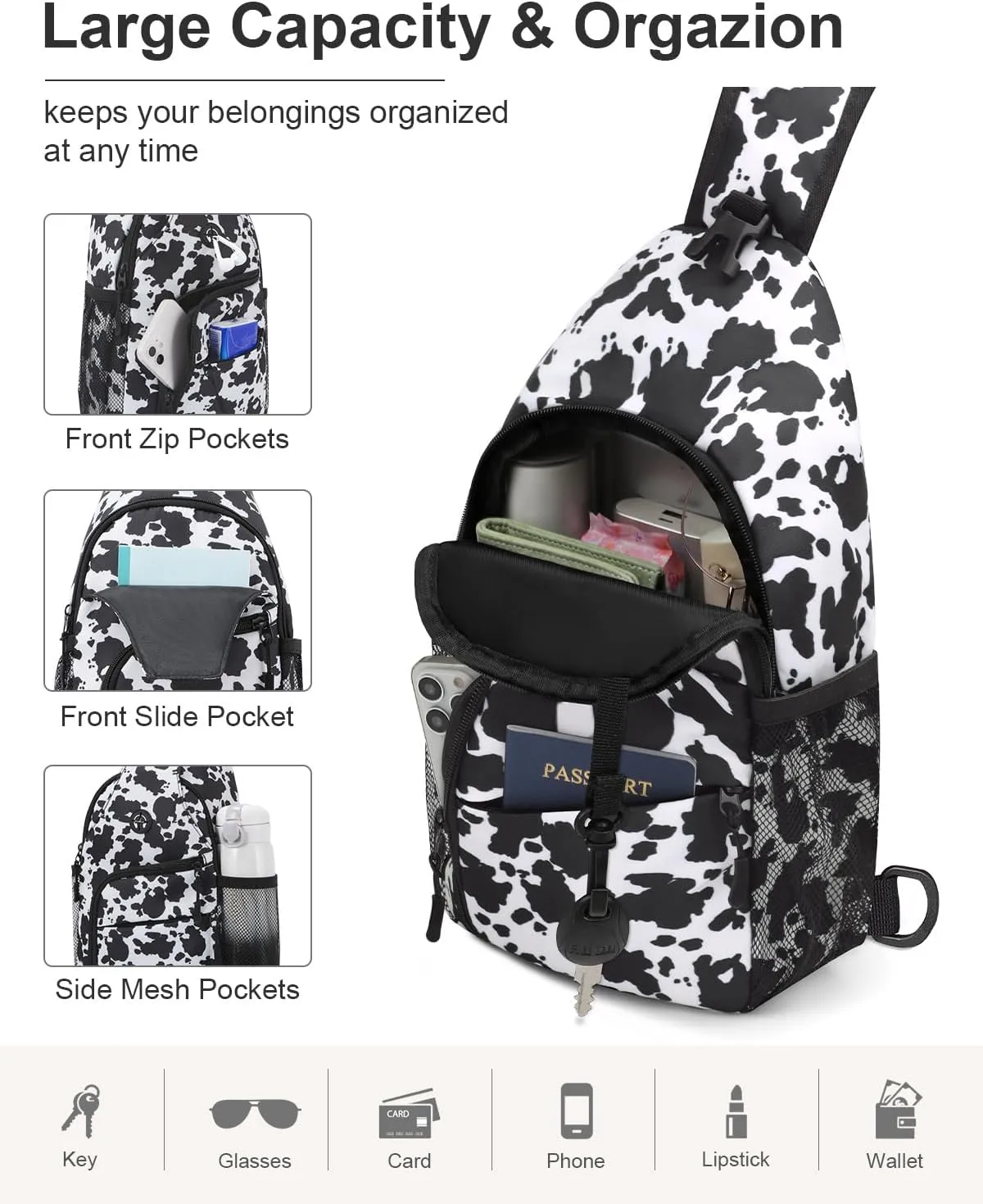 Crossbody Bags for Women Man Waterproof Sling Bag Backpack Trendy Casual Cross Body Bag with Convertible Shoulder Strap Chest Bag for Camping Hiking Travel Essentials (Cow print, Medium)