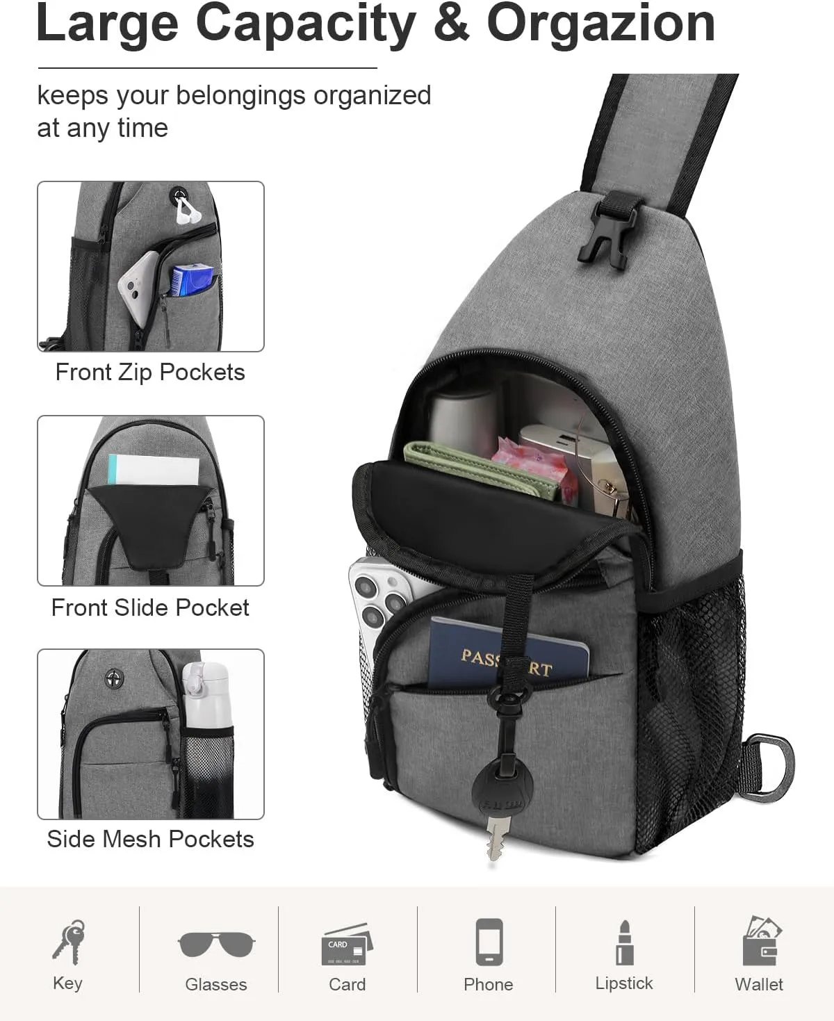 Crossbody Bags for Women Man Waterproof Sling Bag Backpack Trendy Casual Cross Body Bag with Convertible Shoulder Strap Chest Bag for Camping Hiking Travel Essentials (Grey, Medium)