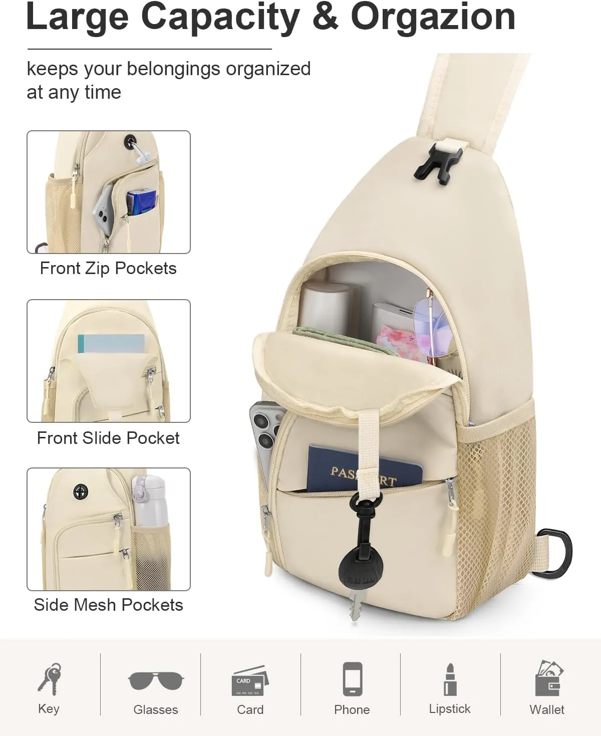 Crossbody Bags for Women Man Waterproof Sling Bag Backpack Trendy Casual Cross Body Bag with Convertible Shoulder Strap Chest Bag for Camping Hiking Travel Essentials (Ivory, Medium)
