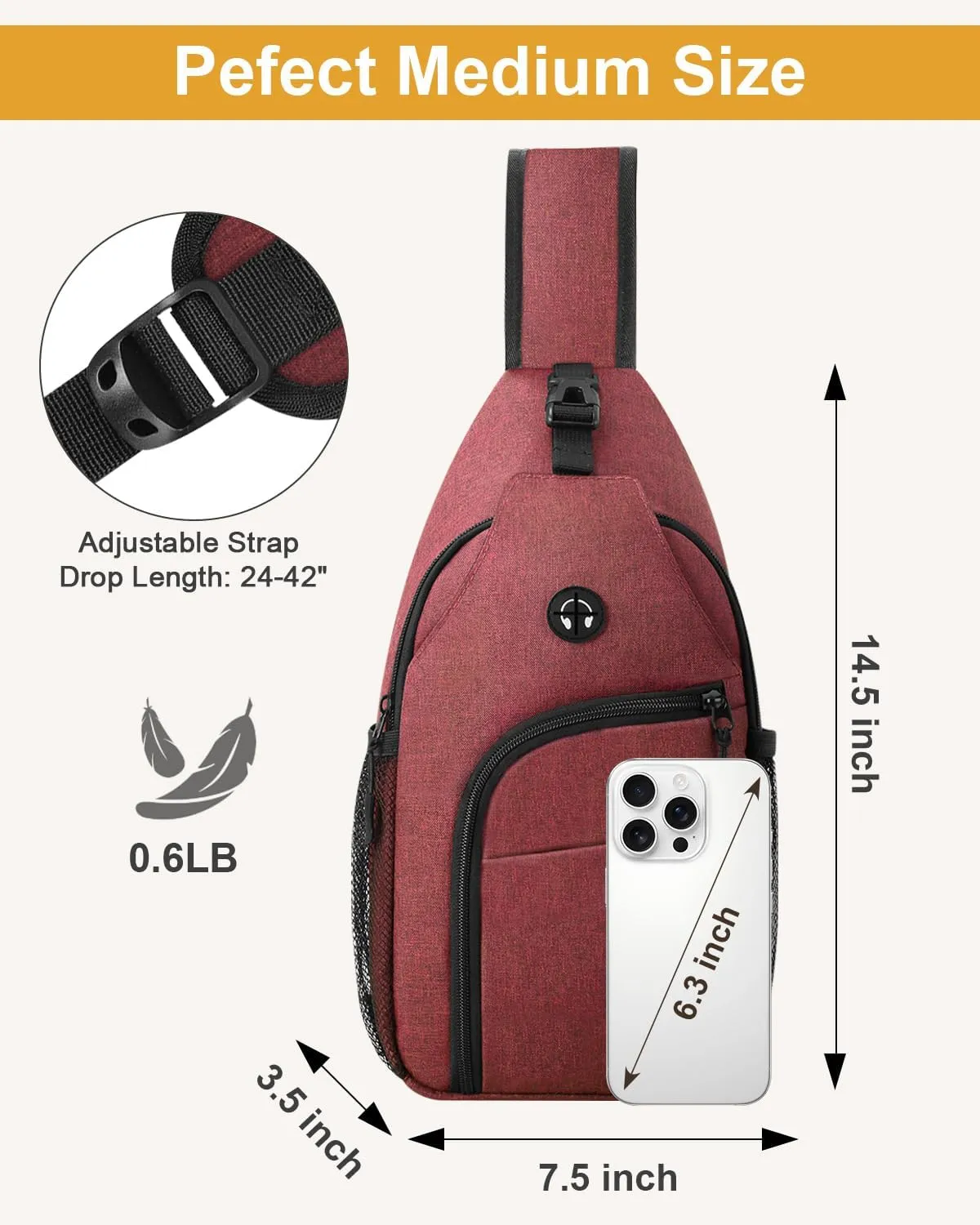 Crossbody Bags for Women Man Waterproof Sling Bag Backpack Trendy Casual Cross Body Bag with Convertible Shoulder Strap Chest Bag for Camping Hiking Travel Essentials (Wine, Medium)