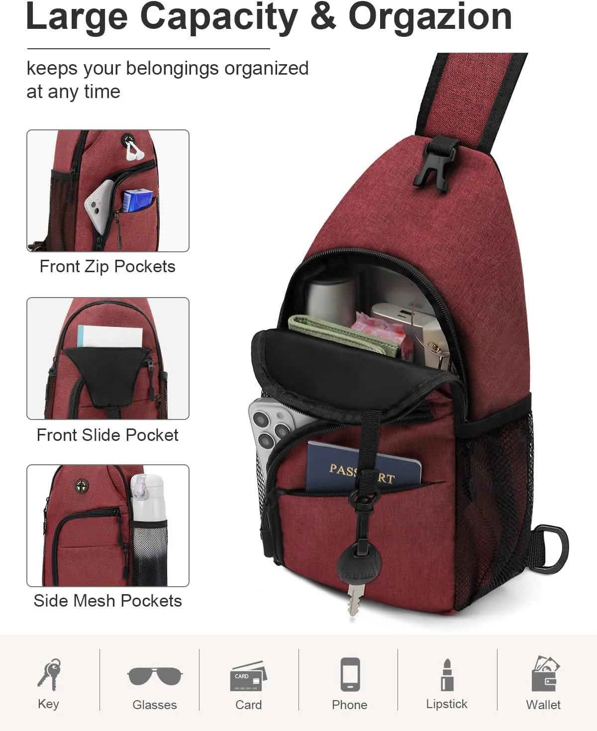 Crossbody Bags for Women Man Waterproof Sling Bag Backpack Trendy Casual Cross Body Bag with Convertible Shoulder Strap Chest Bag for Camping Hiking Travel Essentials (Wine, Medium)