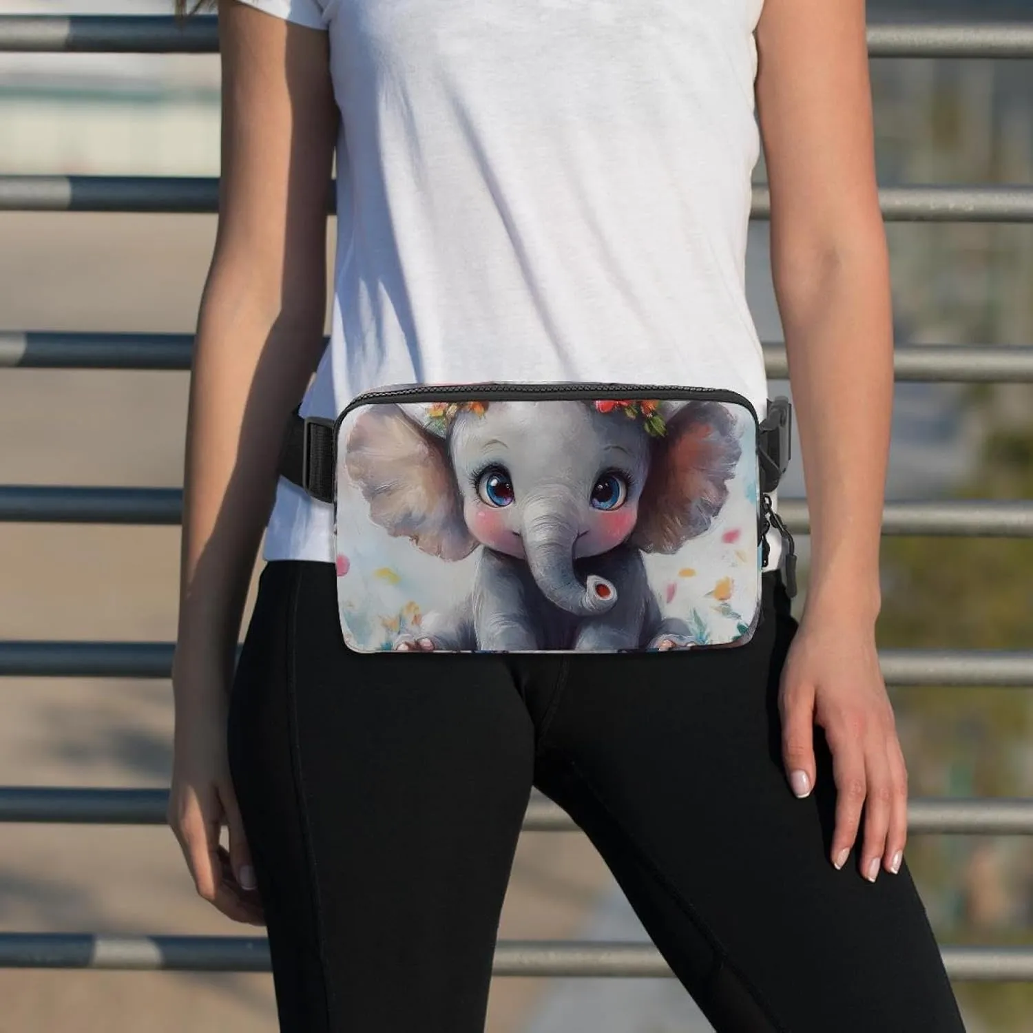 Crossbody Belt Bag for Women Men, Lovely Elephant Painting Fanny Packs with Zipper Pockets,Waterproof Waist Packs with Adjustable Strap for Workout Running Traveling Hiking