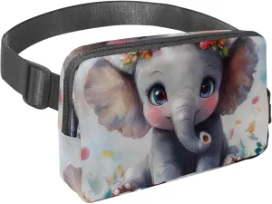 Crossbody Belt Bag for Women Men, Lovely Elephant Painting Fanny Packs with Zipper Pockets,Waterproof Waist Packs with Adjustable Strap for Workout Running Traveling Hiking