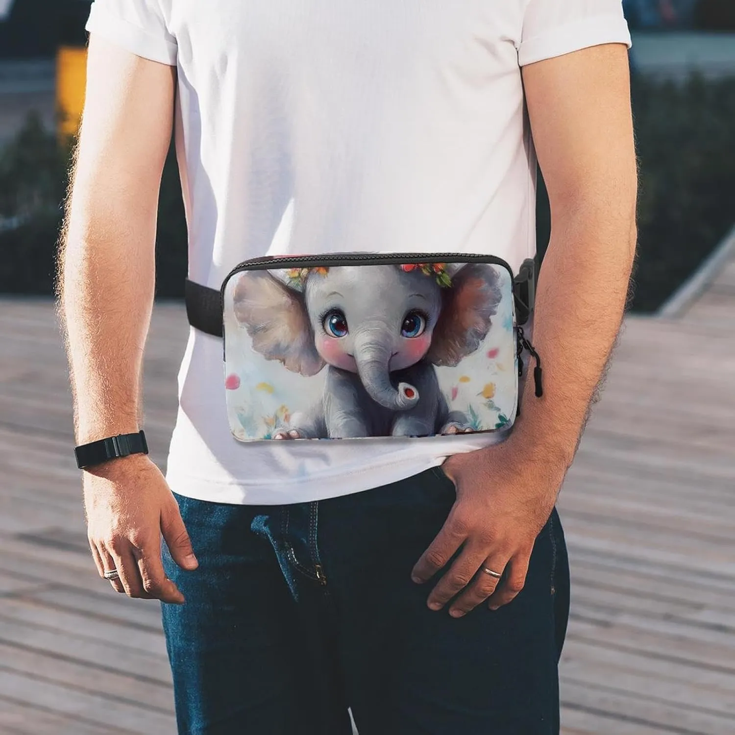 Crossbody Belt Bag for Women Men, Lovely Elephant Painting Fanny Packs with Zipper Pockets,Waterproof Waist Packs with Adjustable Strap for Workout Running Traveling Hiking