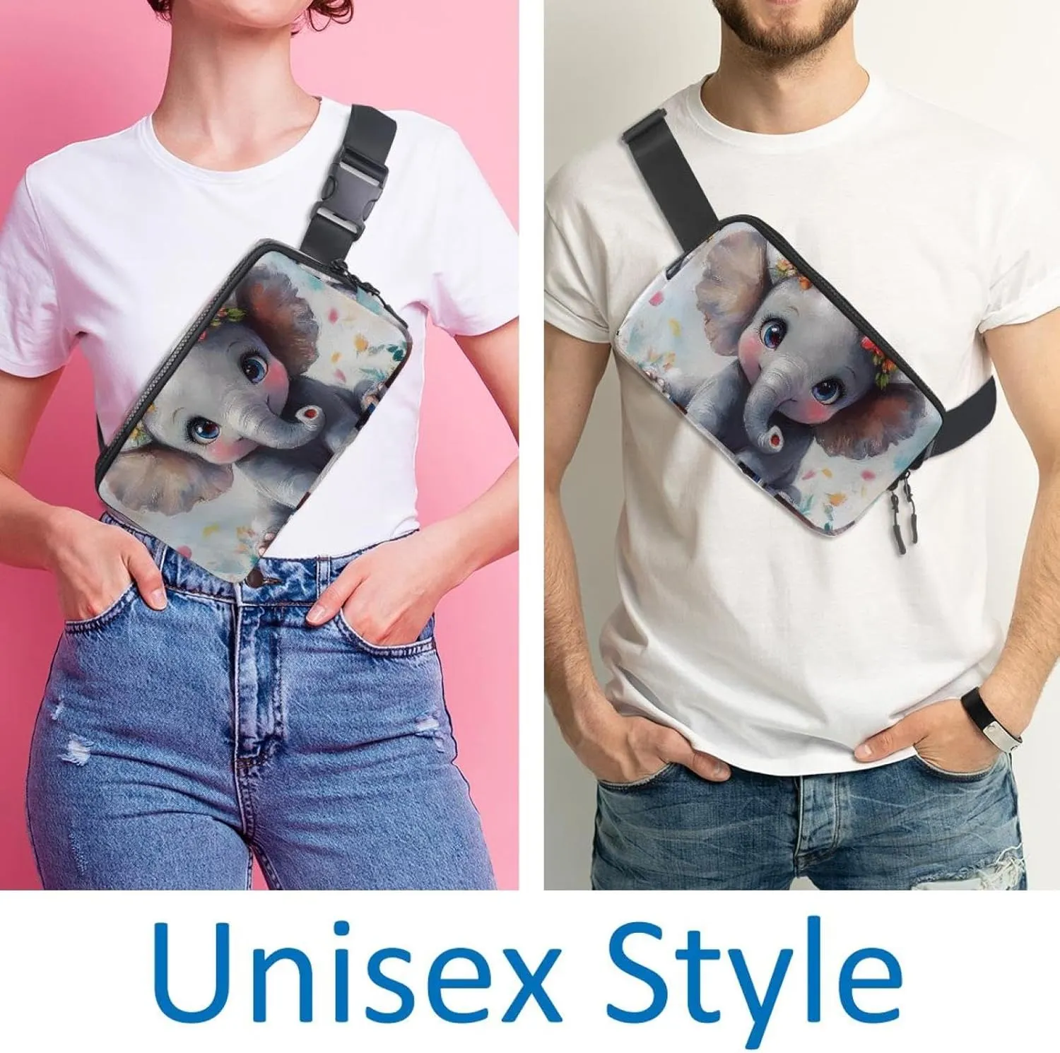 Crossbody Belt Bag for Women Men, Lovely Elephant Painting Fanny Packs with Zipper Pockets,Waterproof Waist Packs with Adjustable Strap for Workout Running Traveling Hiking