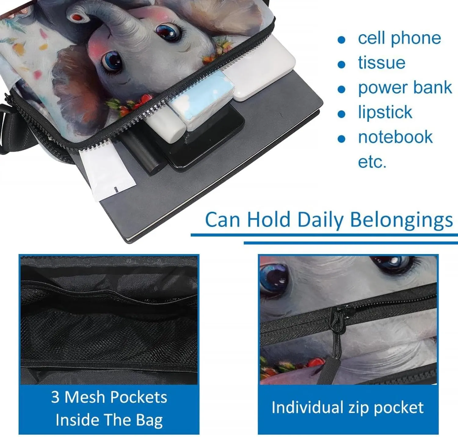 Crossbody Belt Bag for Women Men, Lovely Elephant Painting Fanny Packs with Zipper Pockets,Waterproof Waist Packs with Adjustable Strap for Workout Running Traveling Hiking