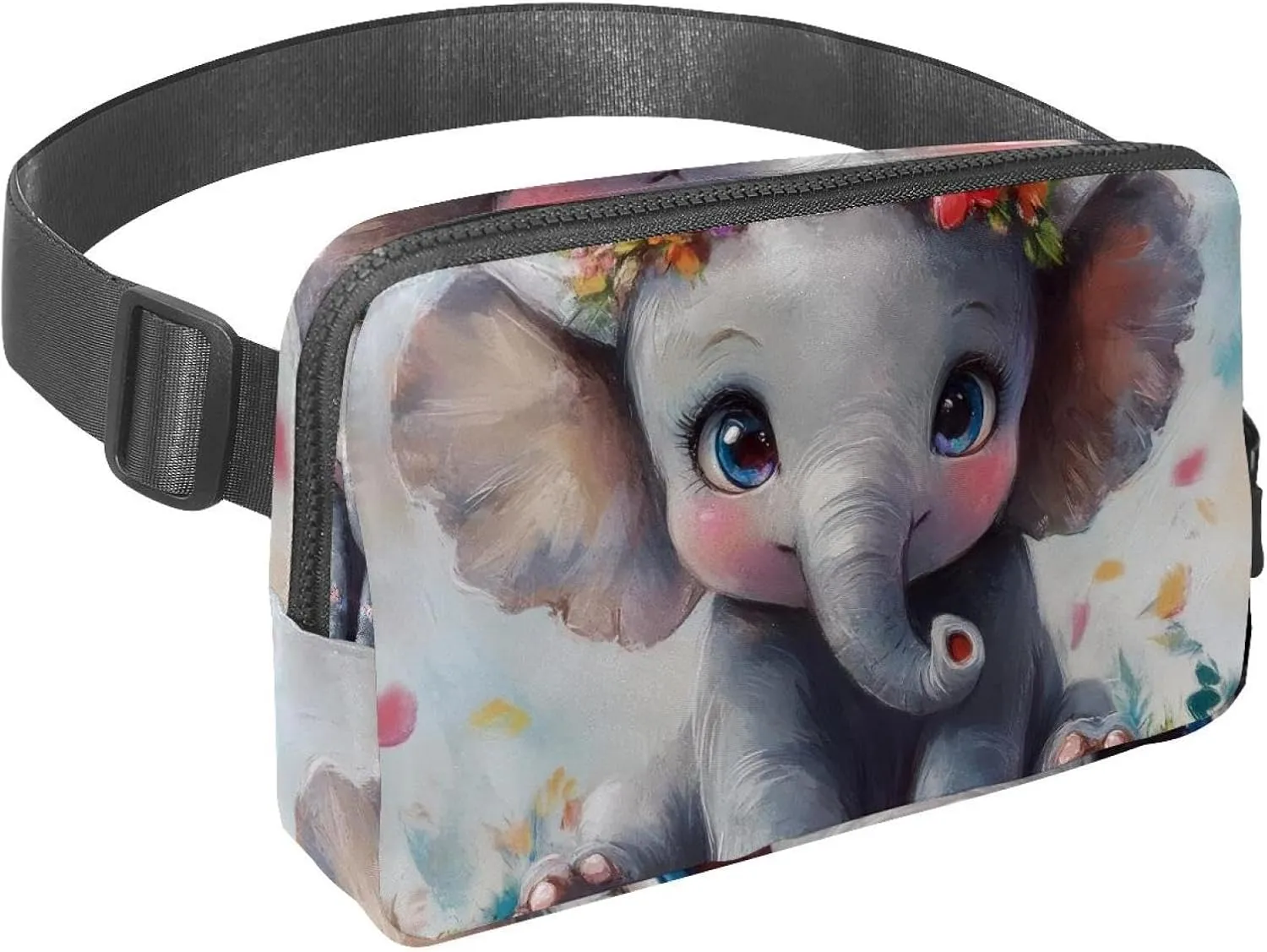 Crossbody Belt Bag for Women Men, Lovely Elephant Painting Fanny Packs with Zipper Pockets,Waterproof Waist Packs with Adjustable Strap for Workout Running Traveling Hiking
