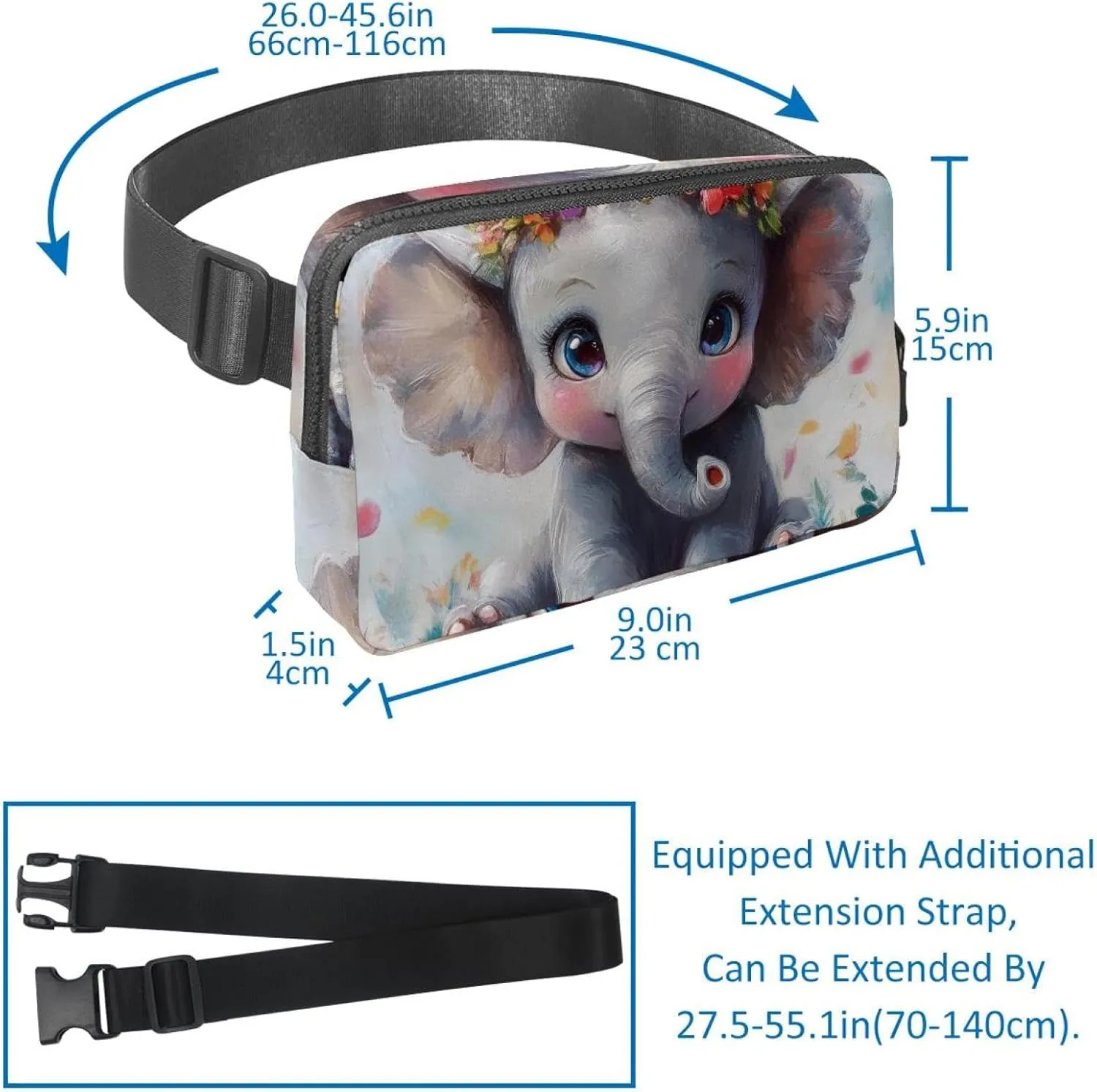 Crossbody Belt Bag for Women Men, Lovely Elephant Painting Fanny Packs with Zipper Pockets,Waterproof Waist Packs with Adjustable Strap for Workout Running Traveling Hiking