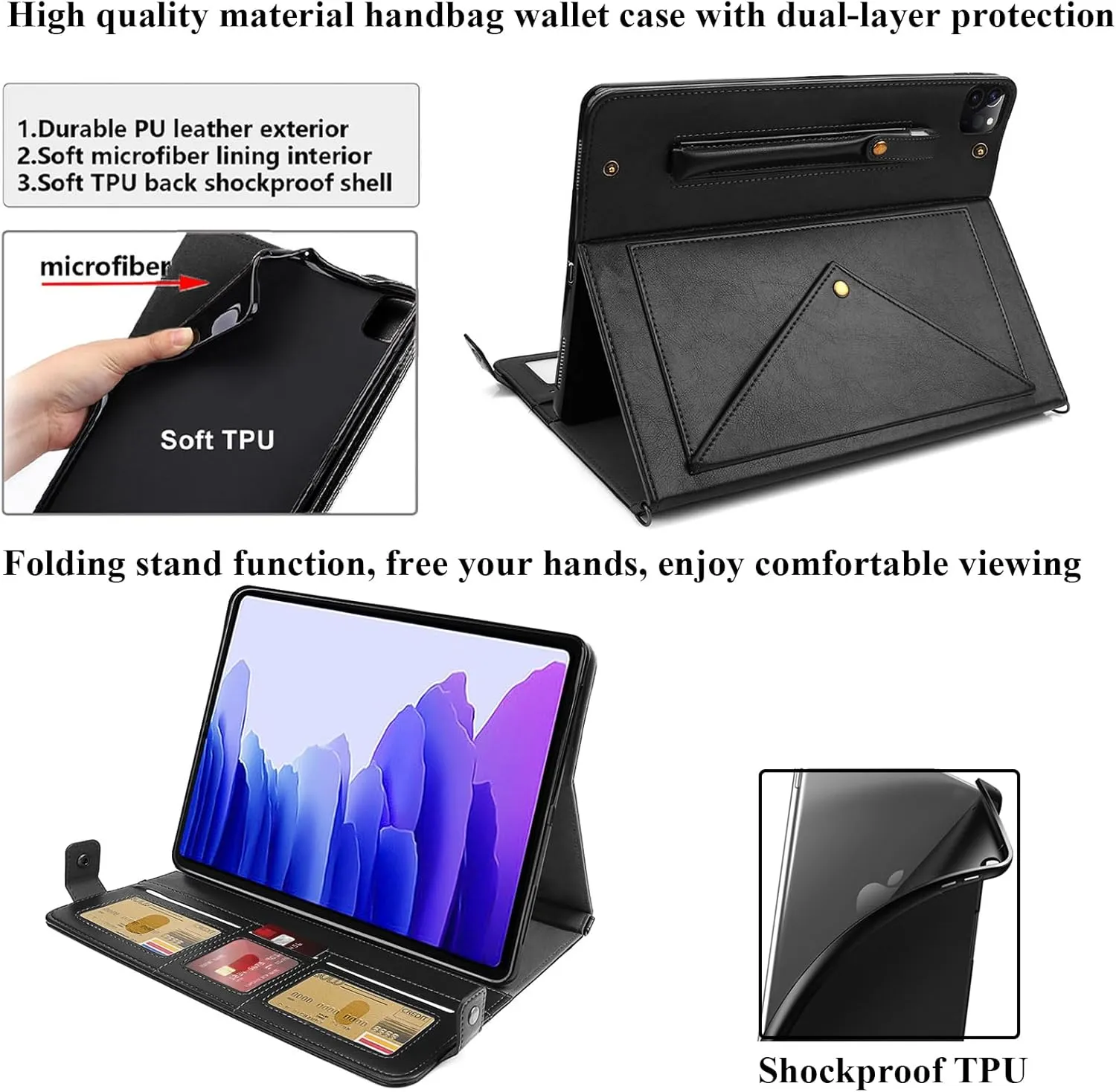 Crossbody Handbag Case for iPad Air 13 inch M3/M2 (2025/2024) with Pencil Holder/Shoulder Strap/Hand Strap/Pockets,Folio Stand PU Leather Carrying Bag Magnetic Wallet Envelope Cover, Black