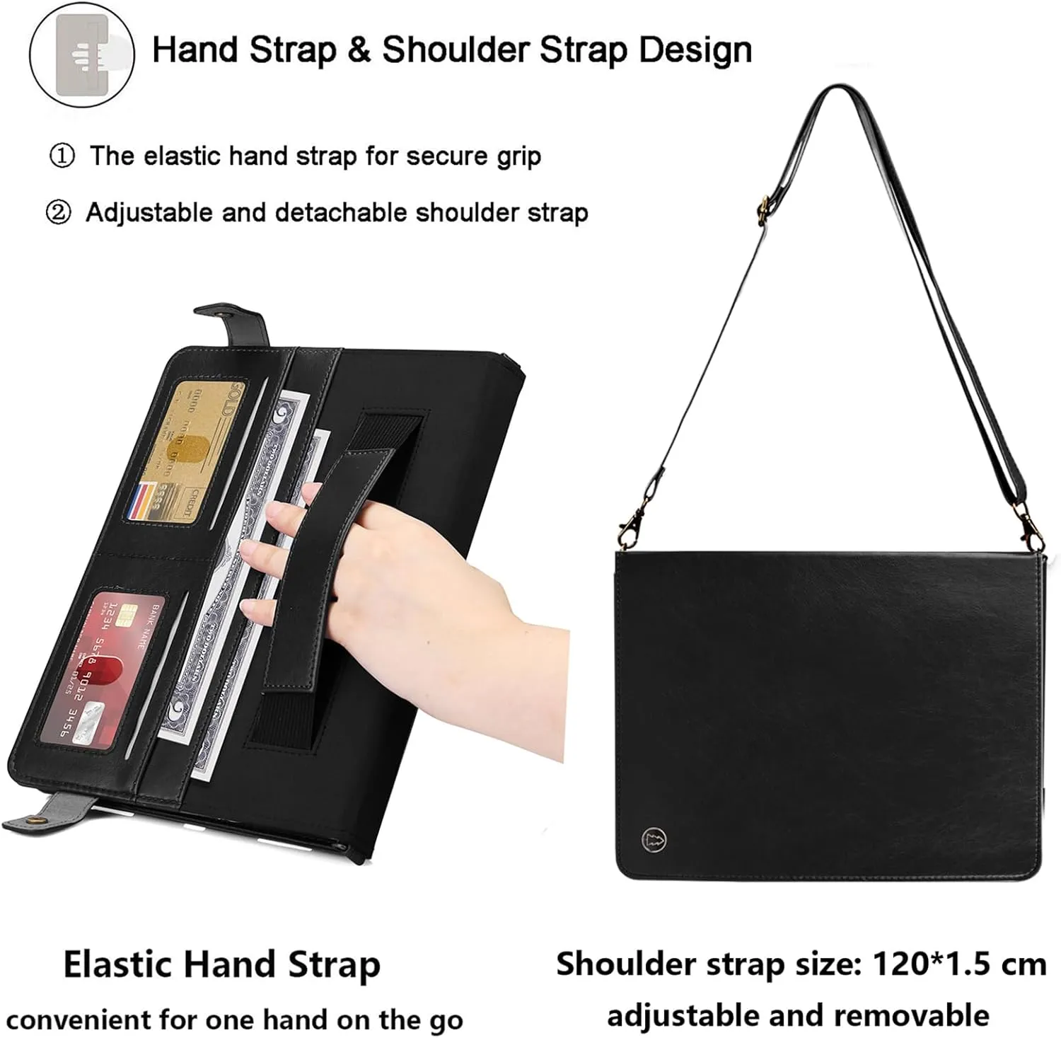 Crossbody Handbag Case for iPad Air 13 inch M3/M2 (2025/2024) with Pencil Holder/Shoulder Strap/Hand Strap/Pockets,Folio Stand PU Leather Carrying Bag Magnetic Wallet Envelope Cover, Black