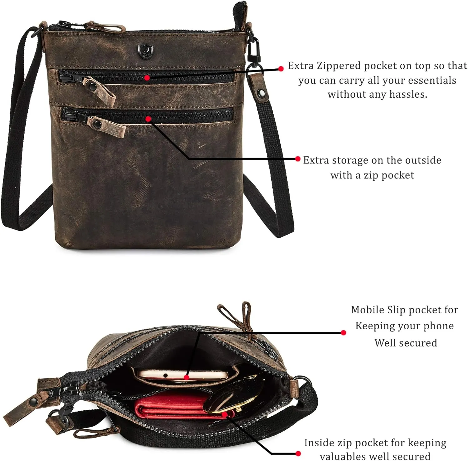 Crossbody Sling Bag for Women Small Real Leather Purse Vintage Travel Crossover Shoulder Bag Handmade
