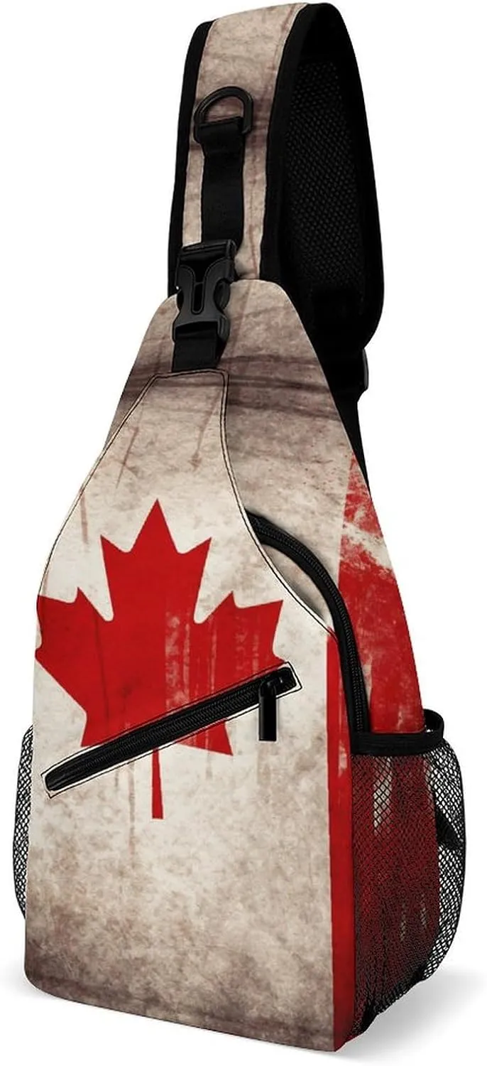 Crossbody Sling Bag Retro Canada Flag Sling Backpack Shoulder Chest Bag Casual Chest Bag with Adjustable Shoulder Strap Fanny Packs for Outdoors Hiking Traveling