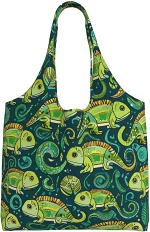 Curious Chameleon Print Canvas Tote Bag for Women, Large Capacity Casual Shoulder Handbags for Work Travel Shopping