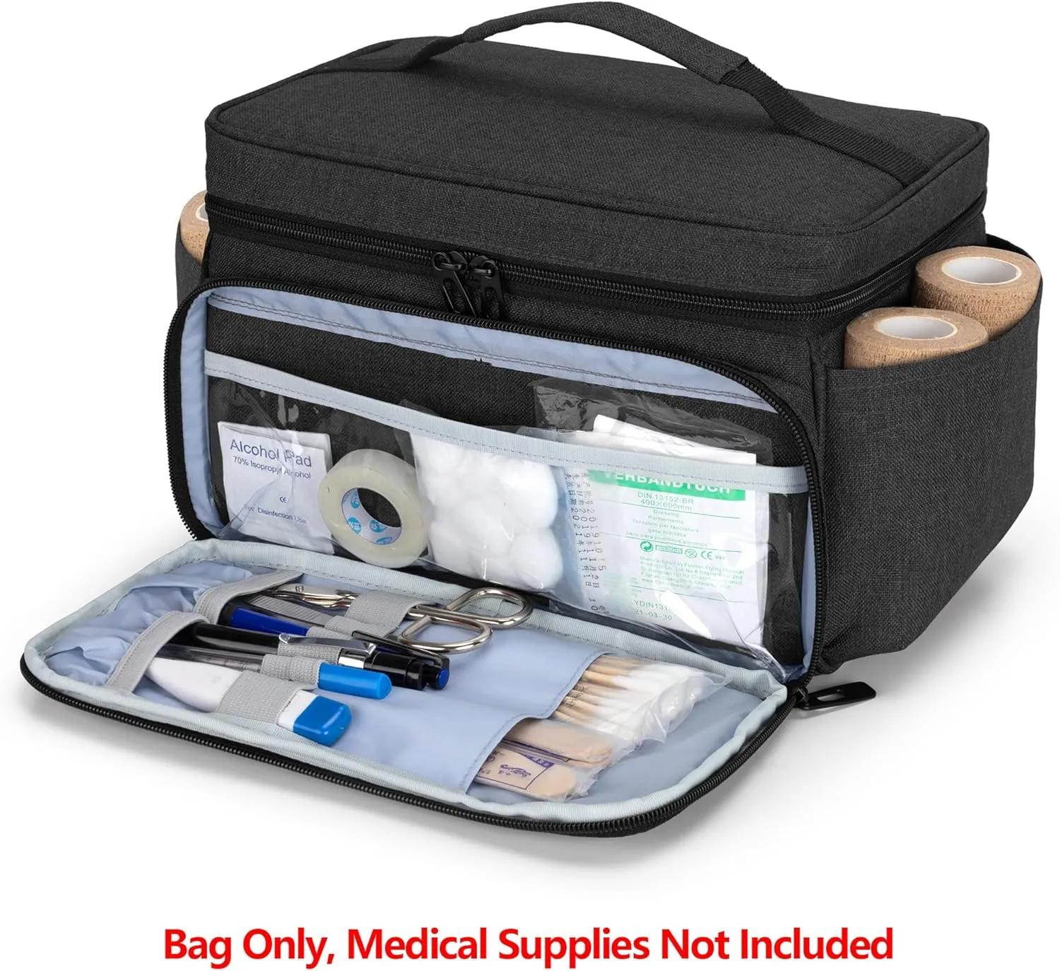 CURMIO Small Medicine Storage Bag Empty, Family First Aid Box, Pill Bottle Organizer for Emergency Medical Supplies, Black (Bag Only, Patent Pending)