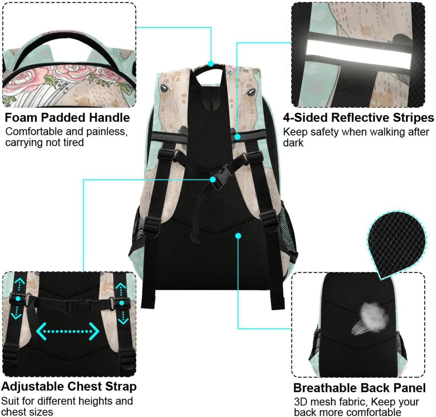 Custom Backpack for Girls Kids with Name Personalized Floral Horse School Bookbag for Age 6-10