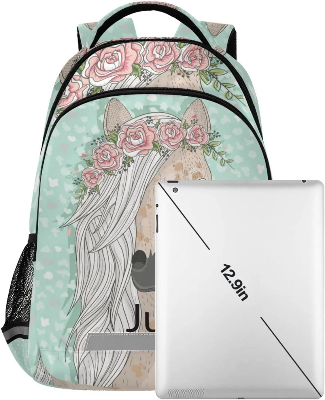 Custom Backpack for Girls Kids with Name Personalized Floral Horse School Bookbag for Age 6-10