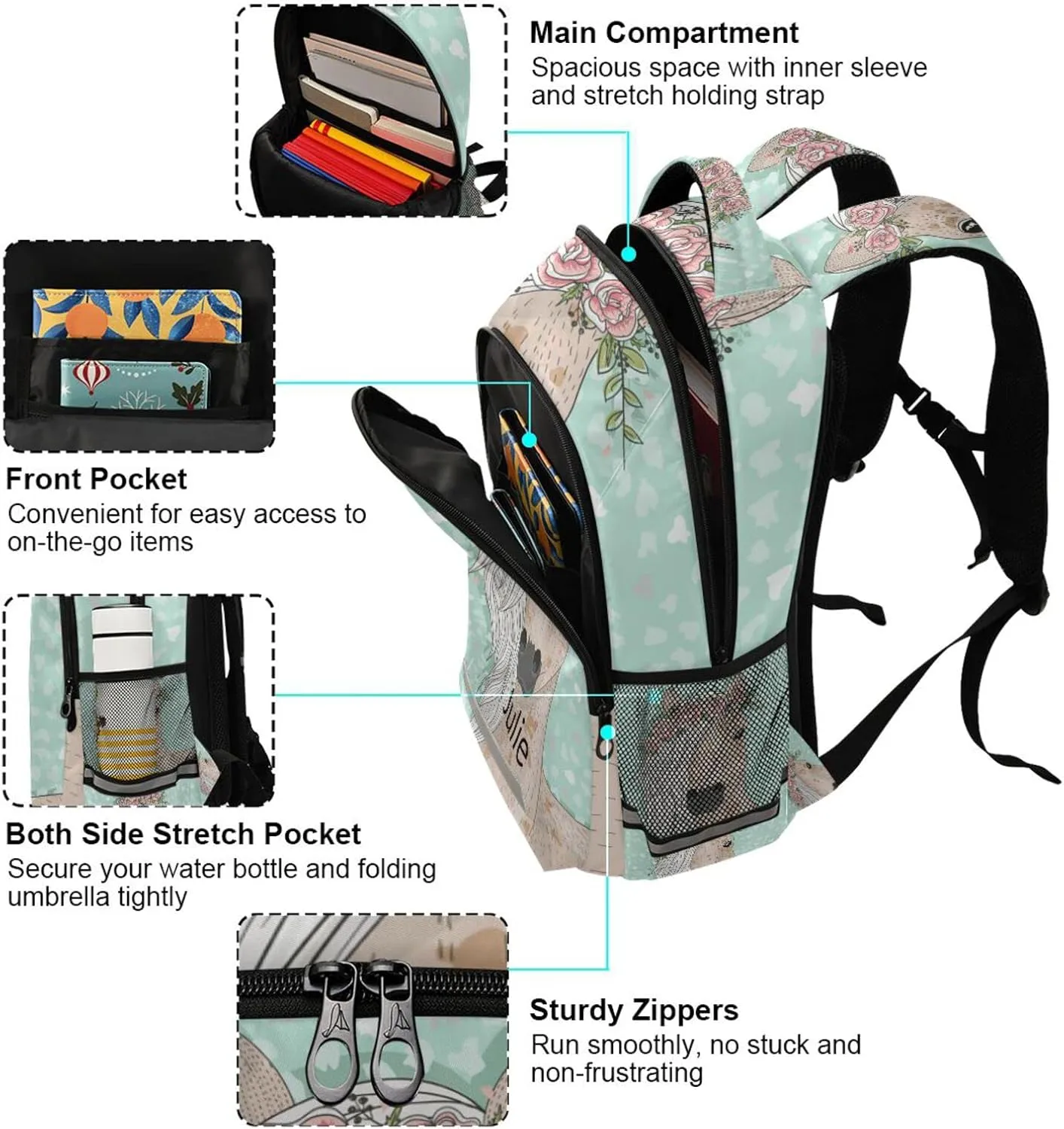 Custom Backpack for Girls Kids with Name Personalized Floral Horse School Bookbag for Age 6-10