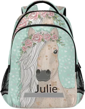 Custom Backpack for Girls Kids with Name Personalized Floral Horse School Bookbag for Age 6-10