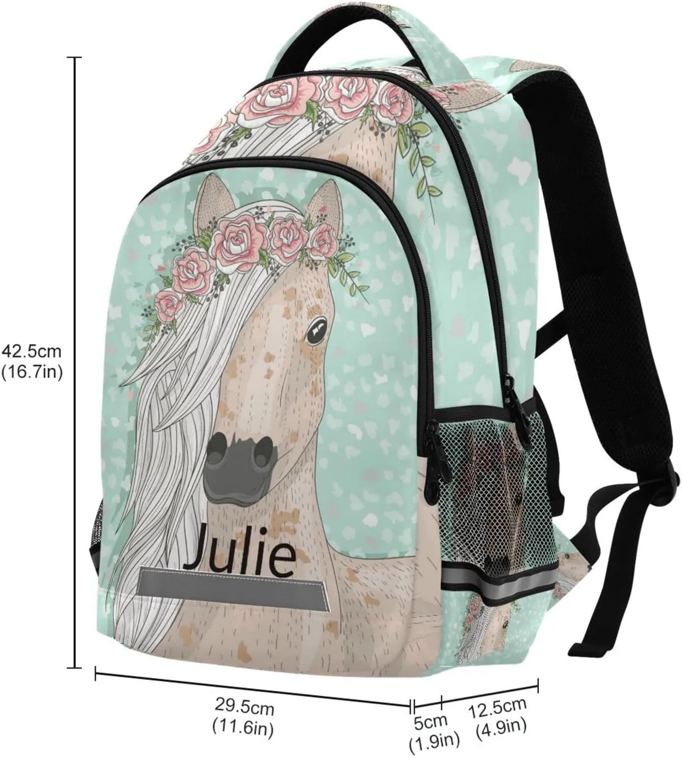 Custom Backpack for Girls Kids with Name Personalized Floral Horse School Bookbag for Age 6-10