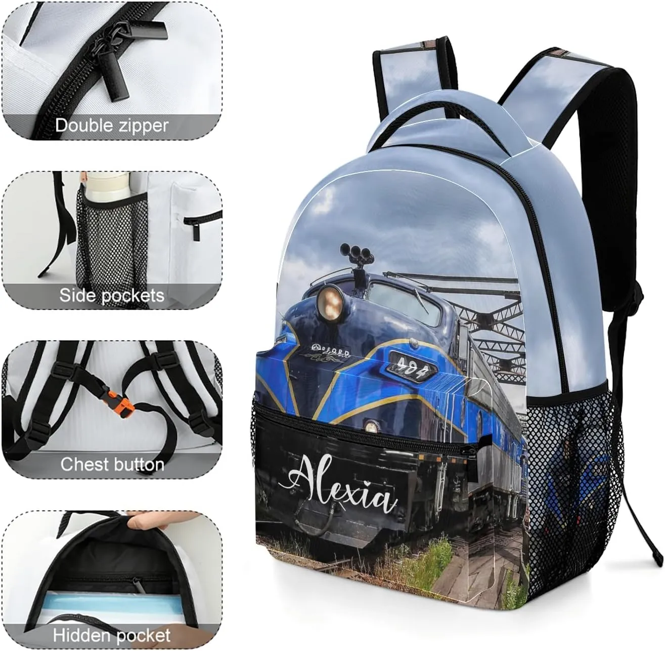 Custom Blue Diesel Engine Train School Backpack Casual College Backpack Lightweight Travel Backpack with Name