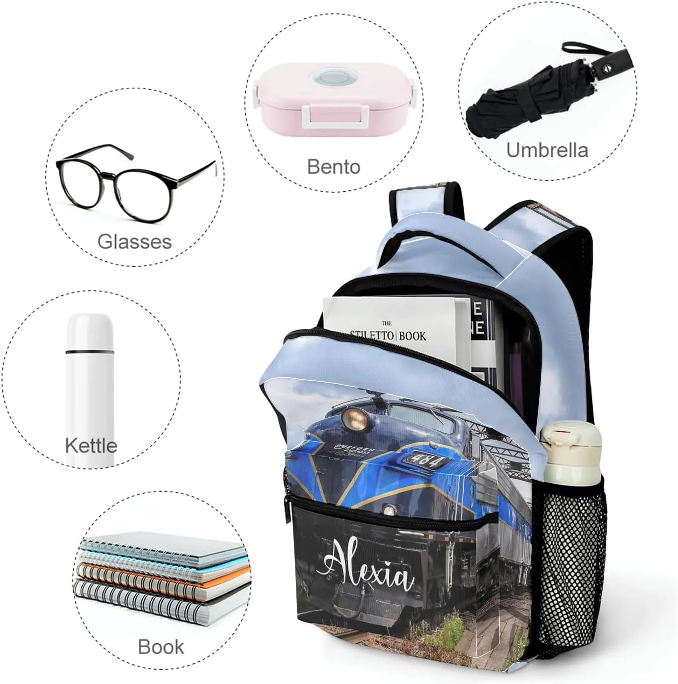 Custom Blue Diesel Engine Train School Backpack Casual College Backpack Lightweight Travel Backpack with Name
