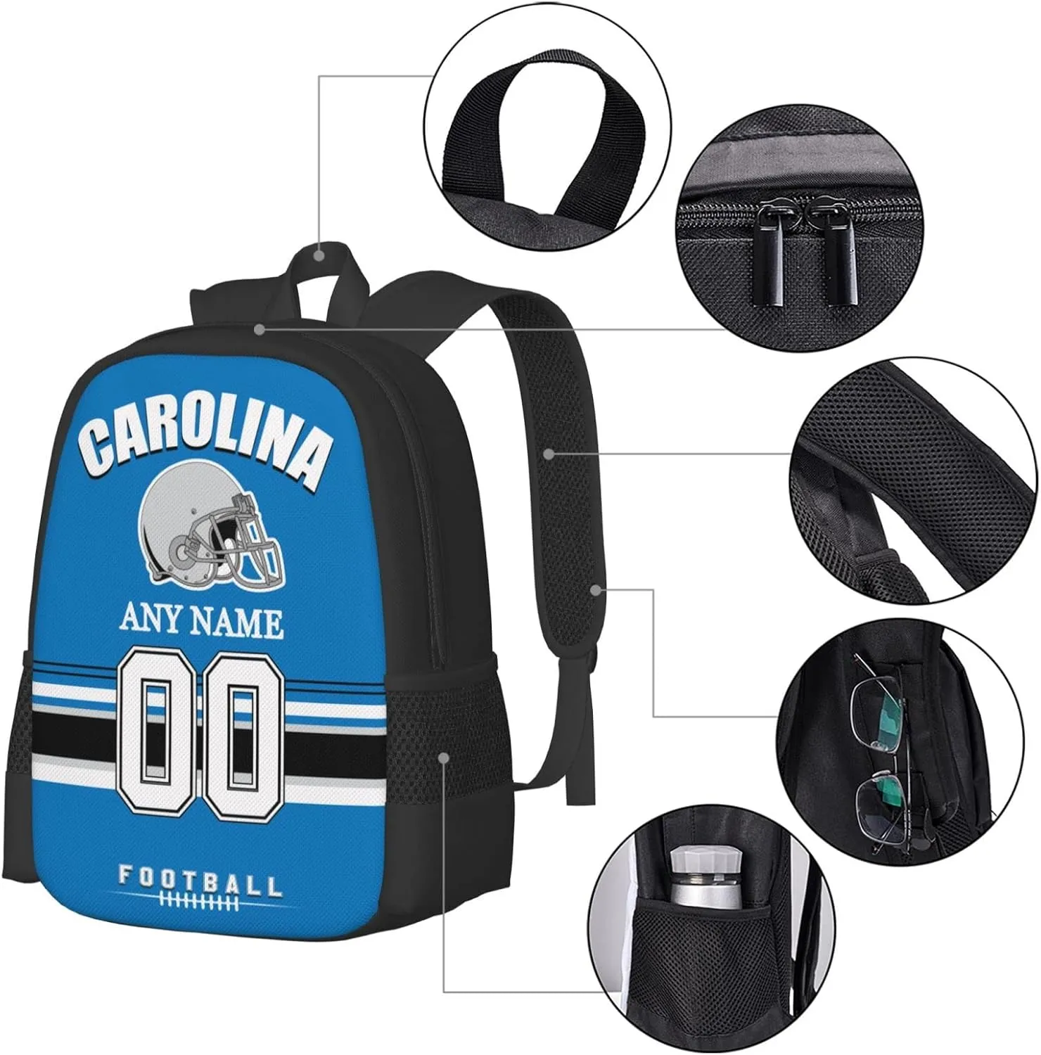 Custom Carolina Backpack for Men Women, Personalized Backpacks with Name and Number, Customized Football Style Backpack Gifts for Fans