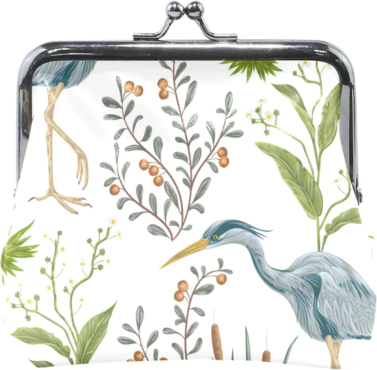 Custom Chic Heron White Leather Coin Purse Women Cute Buckle Kiss Lock Change Purse for Girls