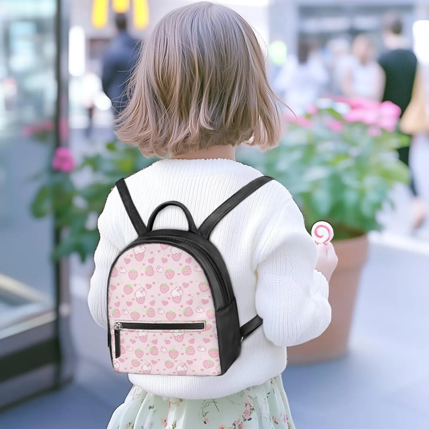 Custom Kawaii Tiny Backpack PU Leather Zipper Closure Handbag Tote Small Travel Shopping Bag For School Travel Vacation Mini Casual Daypack Strawberry Rabbit Print