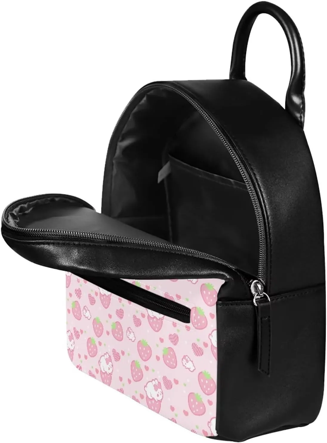 Custom Kawaii Tiny Backpack PU Leather Zipper Closure Handbag Tote Small Travel Shopping Bag For School Travel Vacation Mini Casual Daypack Strawberry Rabbit Print