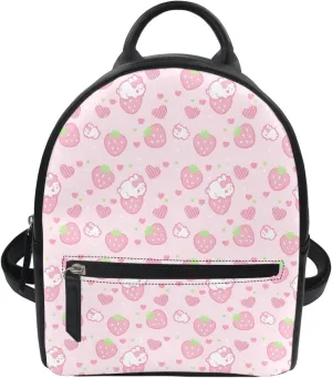 Custom Kawaii Tiny Backpack PU Leather Zipper Closure Handbag Tote Small Travel Shopping Bag For School Travel Vacation Mini Casual Daypack Strawberry Rabbit Print