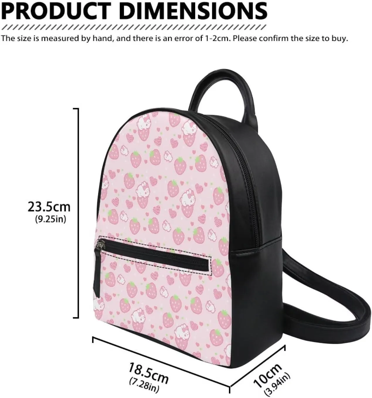 Custom Kawaii Tiny Backpack PU Leather Zipper Closure Handbag Tote Small Travel Shopping Bag For School Travel Vacation Mini Casual Daypack Strawberry Rabbit Print