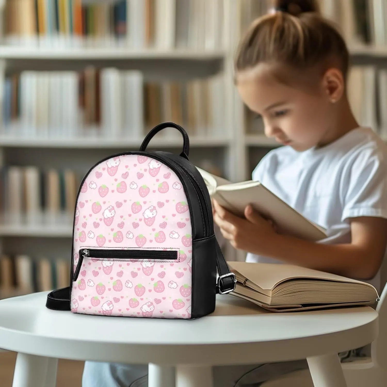 Custom Kawaii Tiny Backpack PU Leather Zipper Closure Handbag Tote Small Travel Shopping Bag For School Travel Vacation Mini Casual Daypack Strawberry Rabbit Print