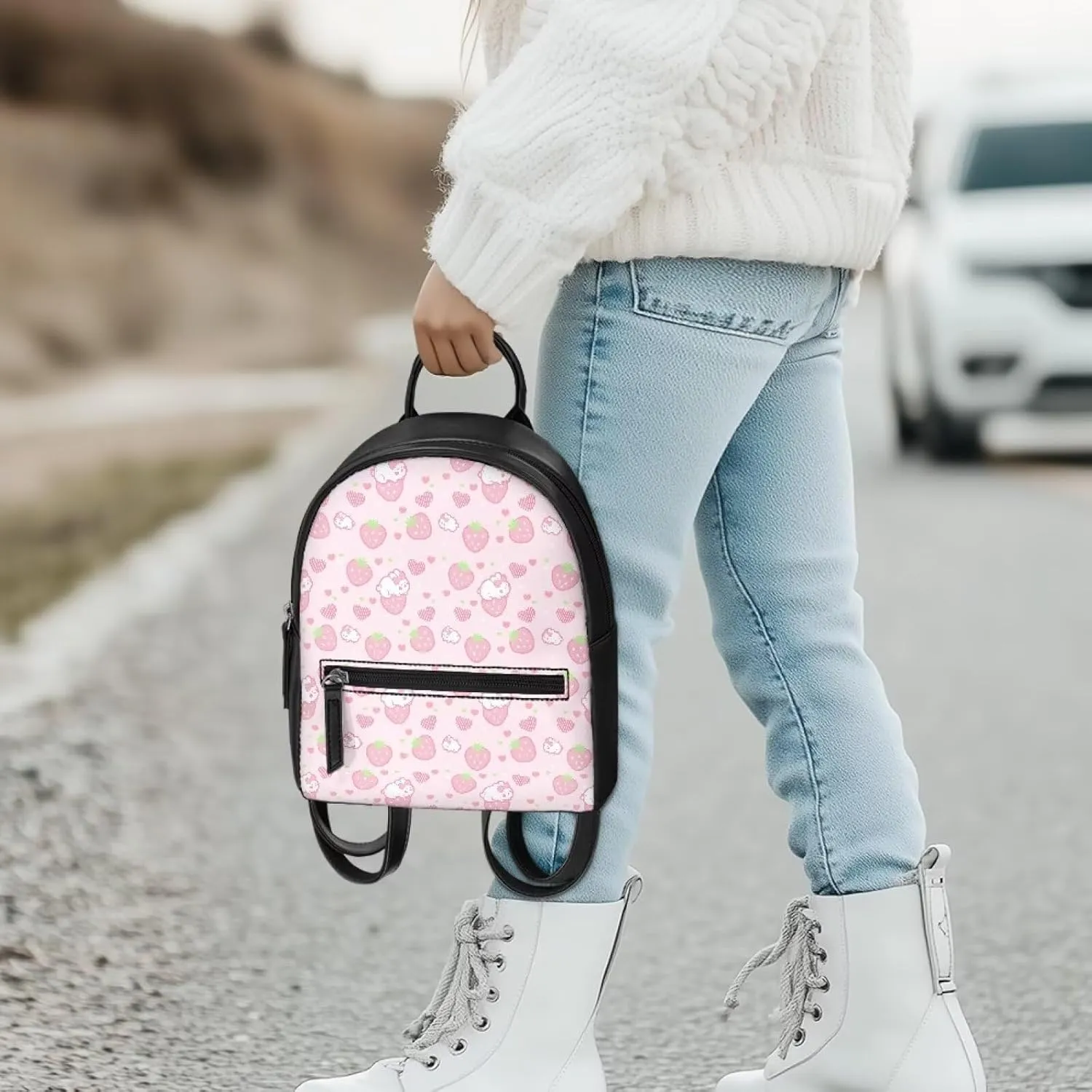 Custom Kawaii Tiny Backpack PU Leather Zipper Closure Handbag Tote Small Travel Shopping Bag For School Travel Vacation Mini Casual Daypack Strawberry Rabbit Print