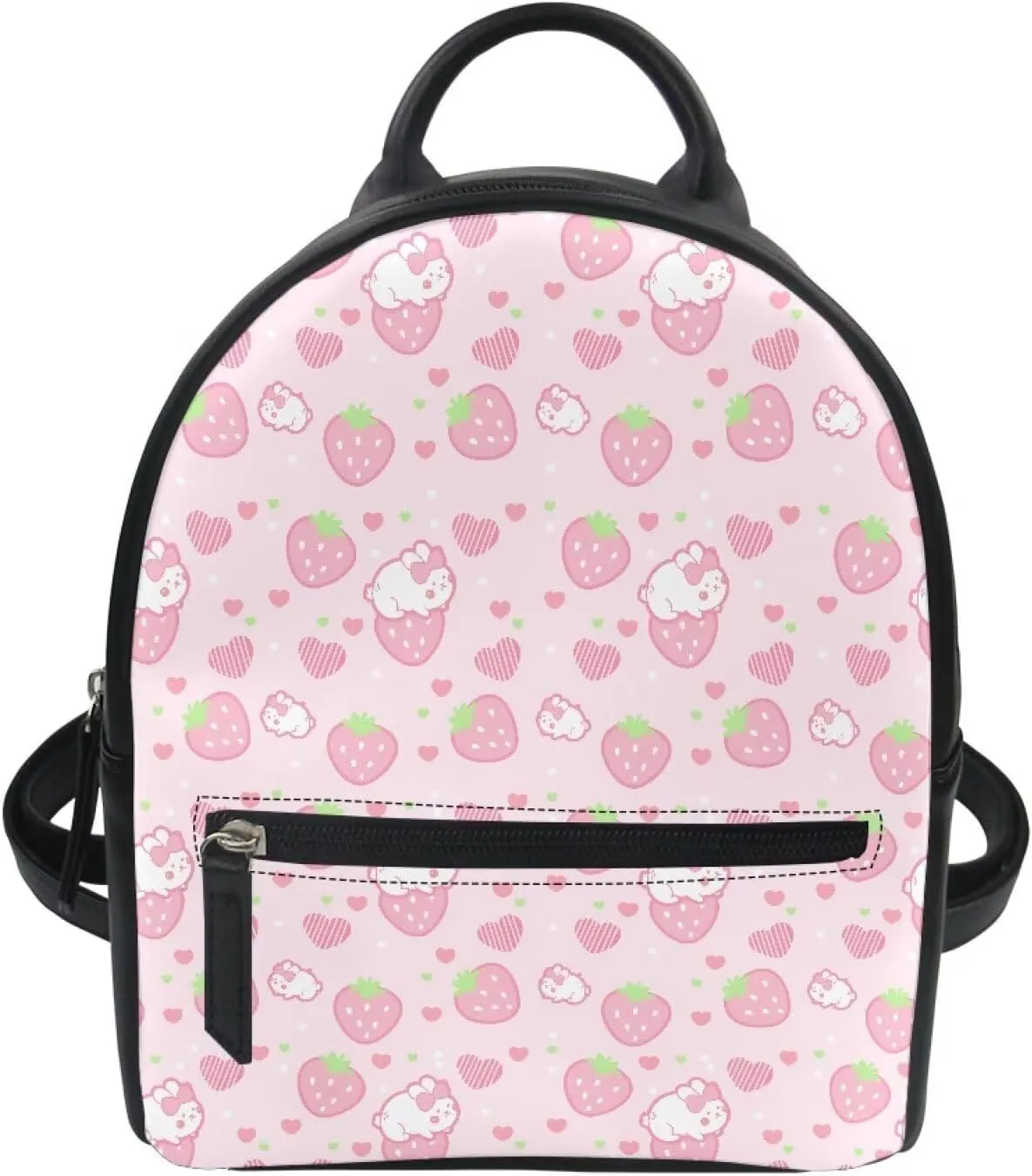 Custom Kawaii Tiny Backpack PU Leather Zipper Closure Handbag Tote Small Travel Shopping Bag For School Travel Vacation Mini Casual Daypack Strawberry Rabbit Print