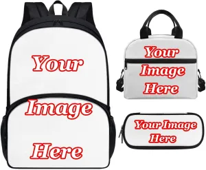 Custom School Backpack Personalized 3 Pcs School Bag with Lunch Box Pencil Case Custom DIY/Custom Image for Your Girls Kids Boys School Back Packs Rucksack Daycare Bag