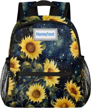 Custom Toddler Backpack for Boy Girl Personalized Kids Backpack with Name, Sunflower Galaxy Starry Sky Painting Preschool Bag with Chest Strap, Nursery Rucksack for Kindergarten Kids Gift