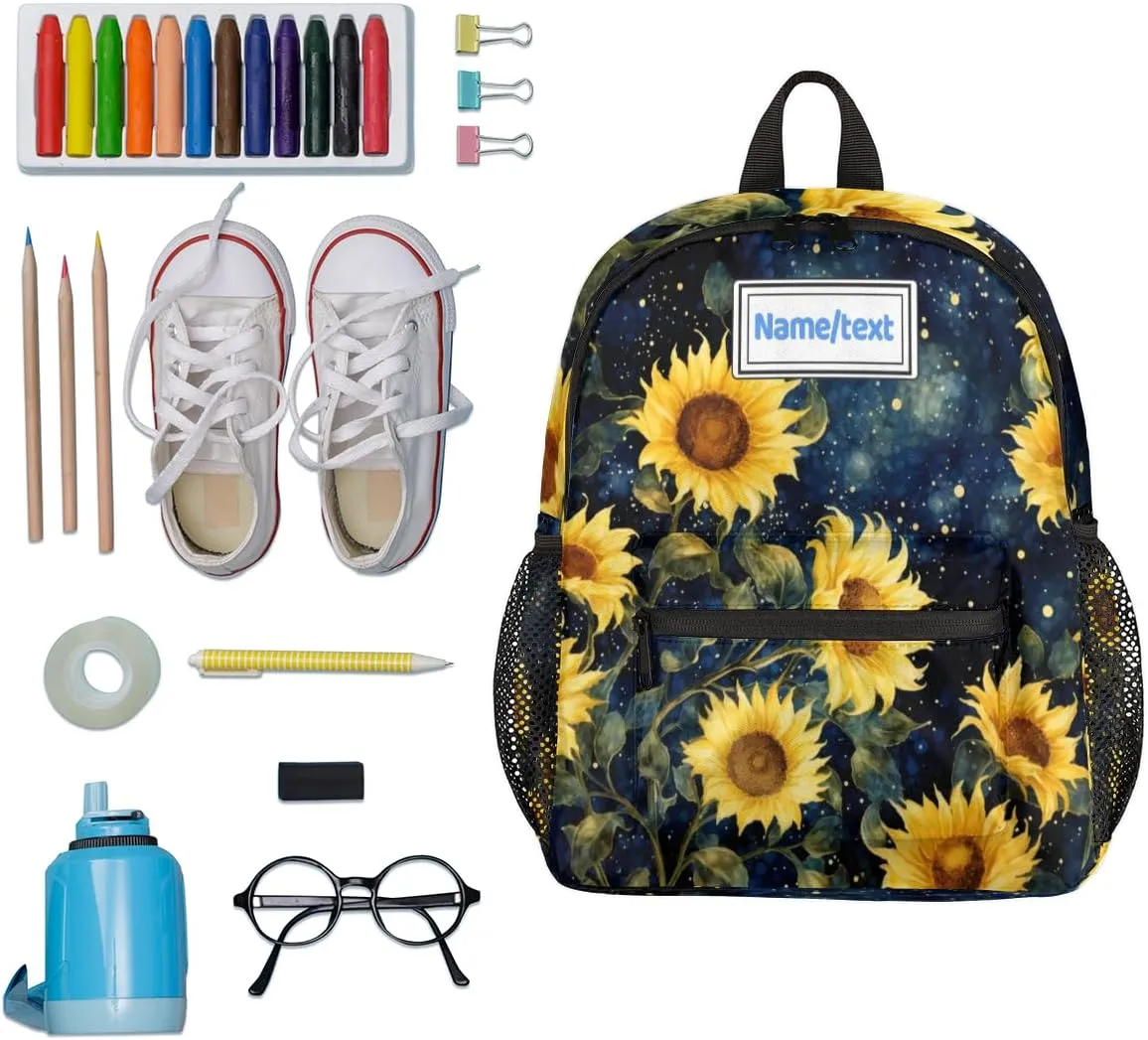 Custom Toddler Backpack for Boy Girl Personalized Kids Backpack with Name, Sunflower Galaxy Starry Sky Painting Preschool Bag with Chest Strap, Nursery Rucksack for Kindergarten Kids Gift