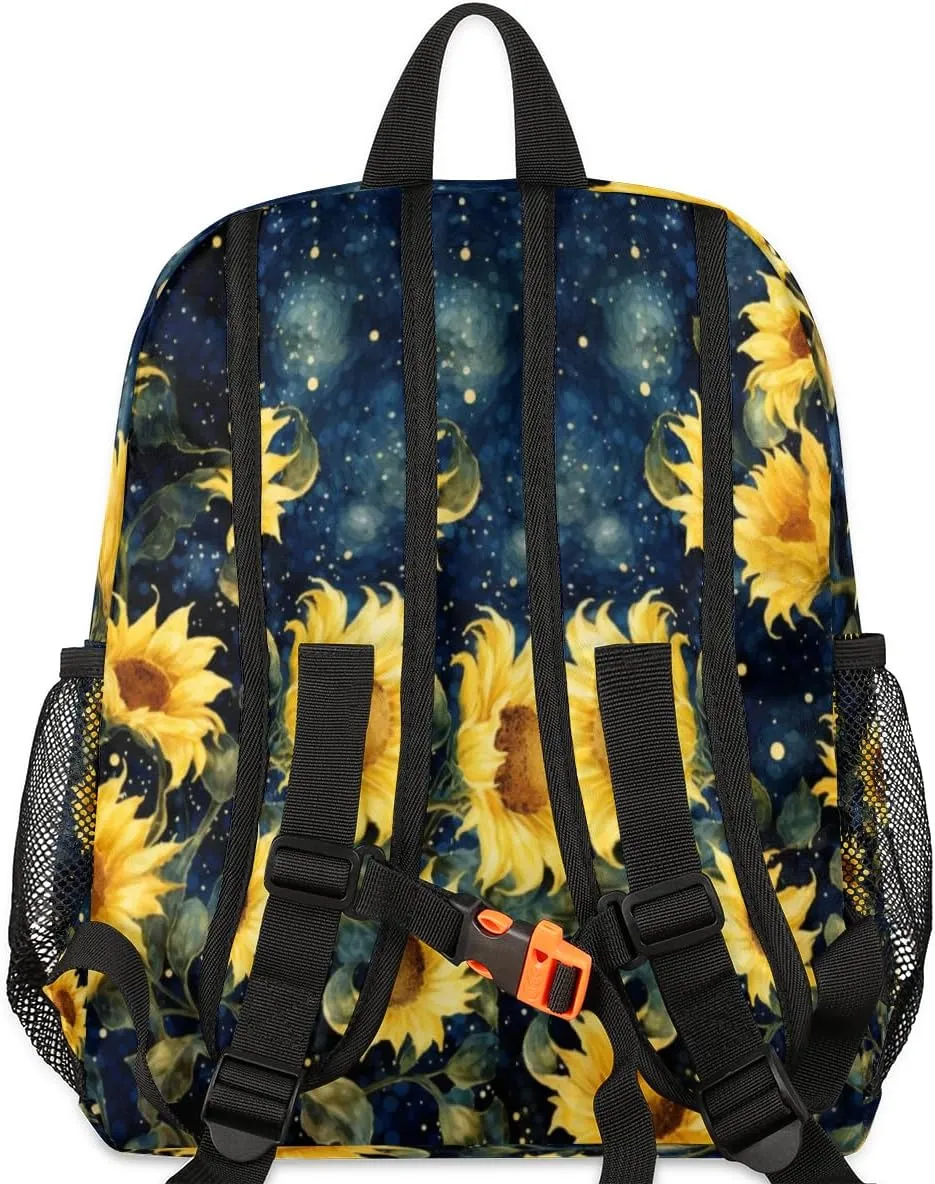 Custom Toddler Backpack for Boy Girl Personalized Kids Backpack with Name, Sunflower Galaxy Starry Sky Painting Preschool Bag with Chest Strap, Nursery Rucksack for Kindergarten Kids Gift